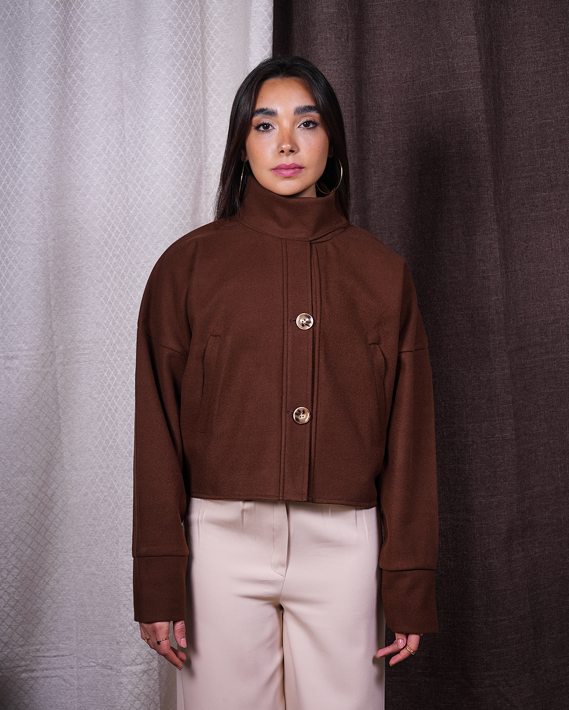 High-Collar Cropped Jacket – Deep Mocha Brown
