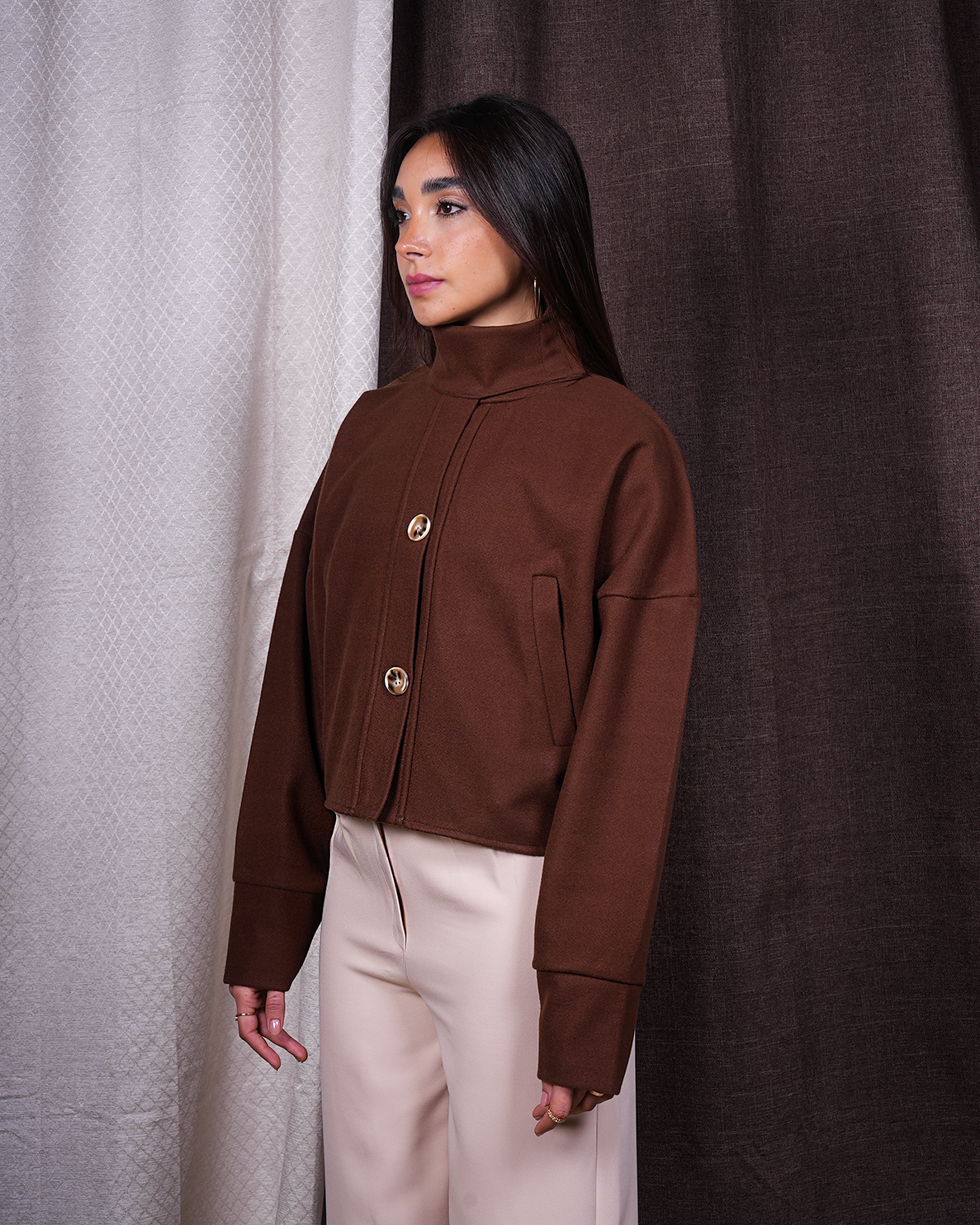 High-Collar Cropped Jacket – Deep Mocha Brown