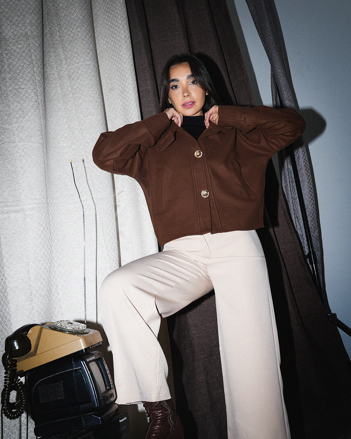 High-Collar Cropped Jacket – Deep Mocha Brown