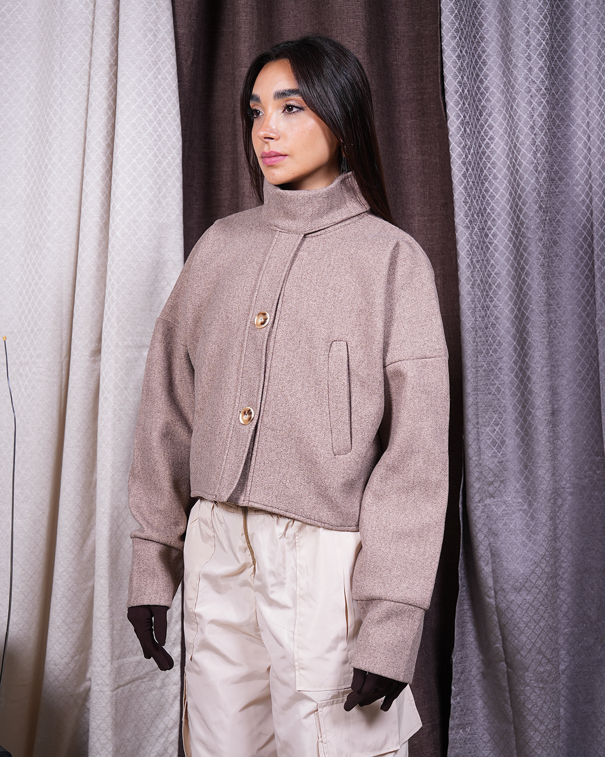 High-Collar Cropped Jacket – Beige