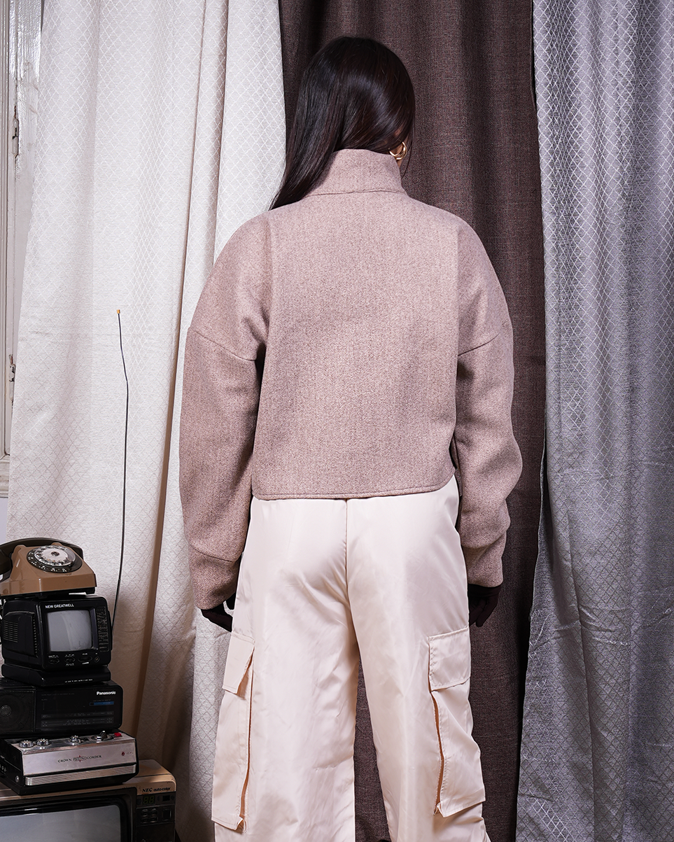 High-Collar Cropped Jacket – Deep Mocha Brown