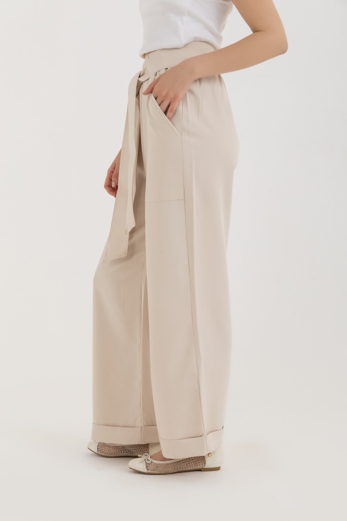Beige Tie-Up Trousers