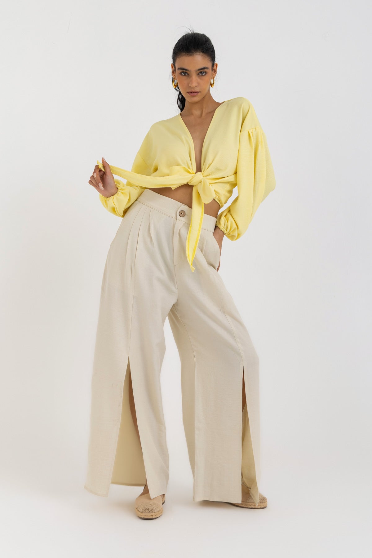 Tie Top and Slit Pants Set