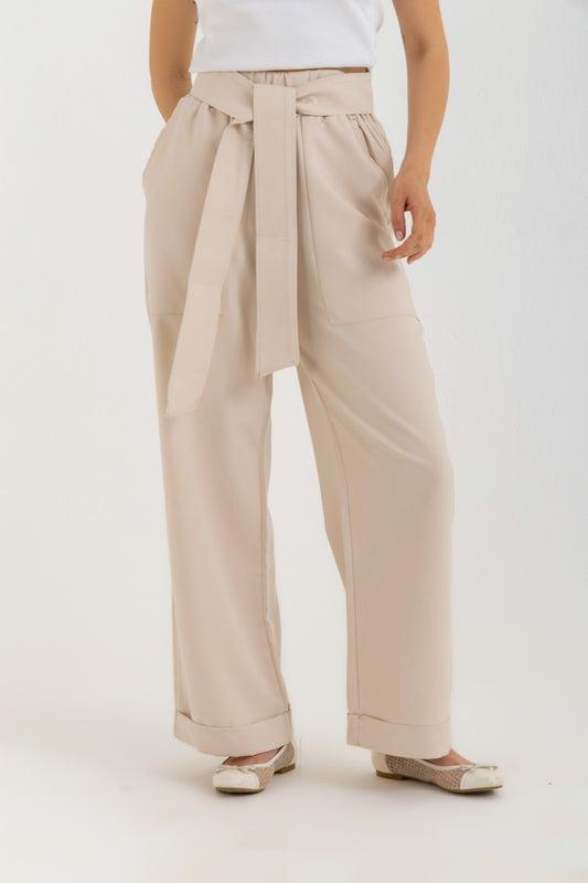 Beige Tie-Up Trousers